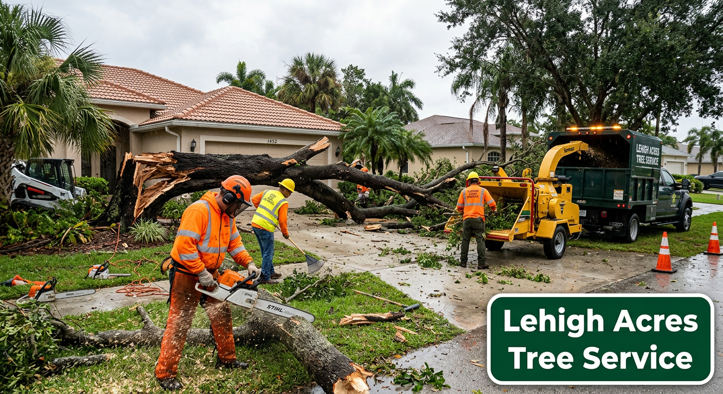 Emergency tree service crew removing a storm-fallen oak tree from a roof in Lehigh Acres, FL