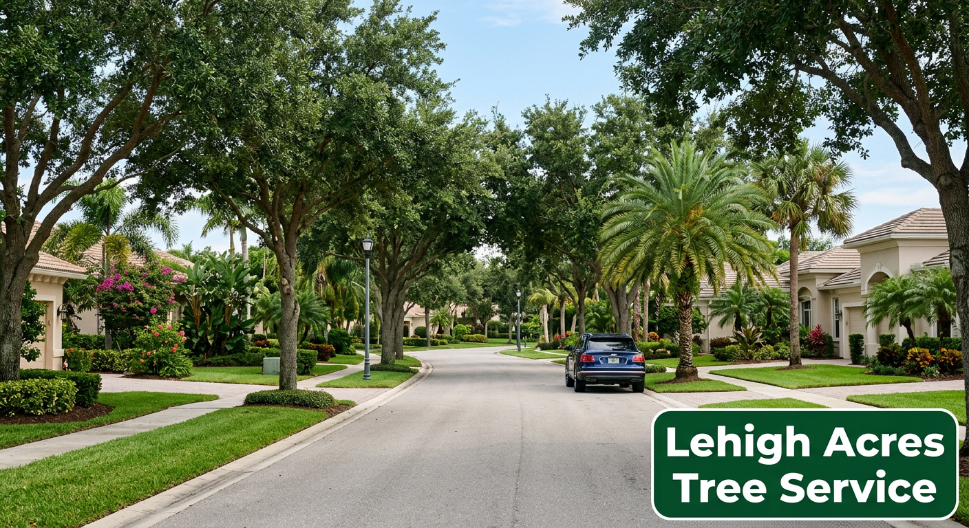 Tree service crew trimming trees along a manicured HOA community streetscape in Lee County, Florida