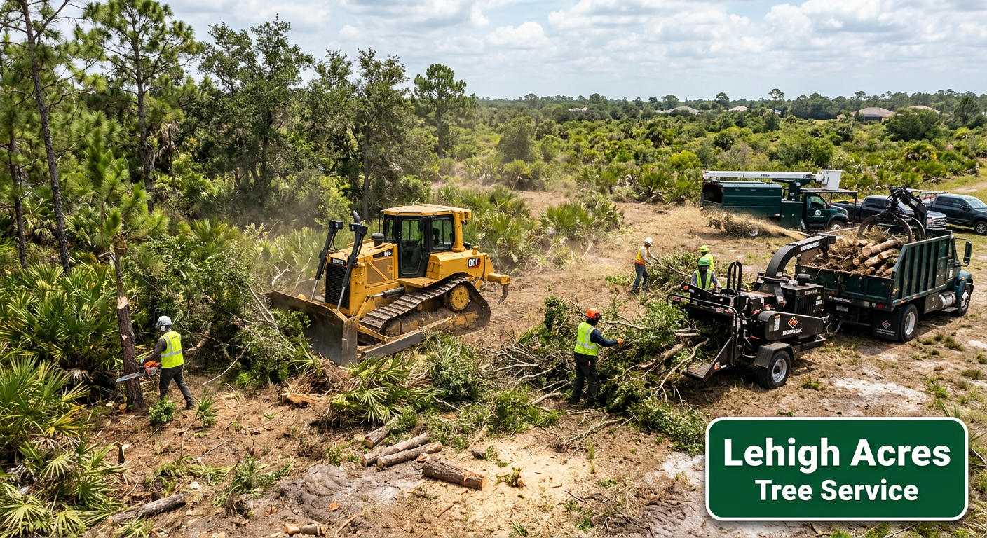 Heavy equipment operator clearing trees and brush from a raw land site in Lee County, Florida