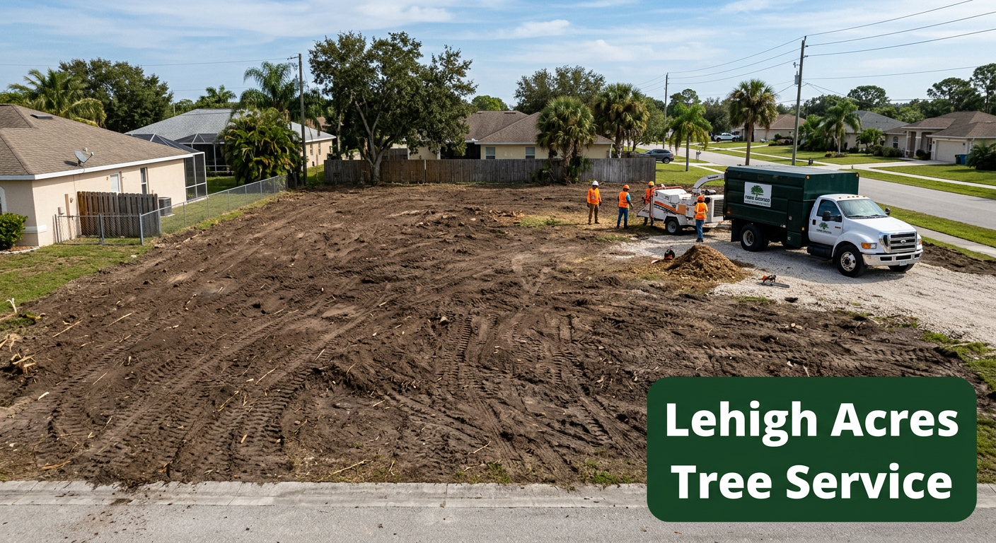 Crew clearing overgrown vegetation and brush from a residential vacant lot in Lehigh Acres, Florida