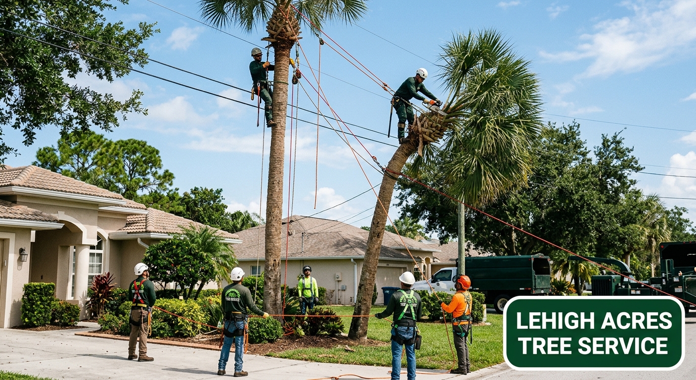 Tree service crew removing a dead palm tree next to a Florida home