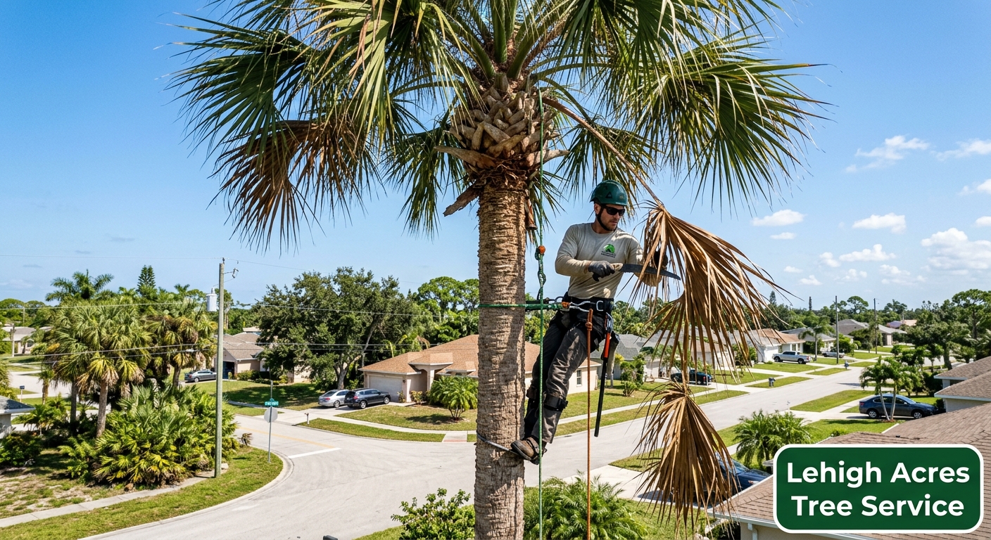Tree service worker on bucket truck trimming dead fronds from a tall royal palm tree in Florida