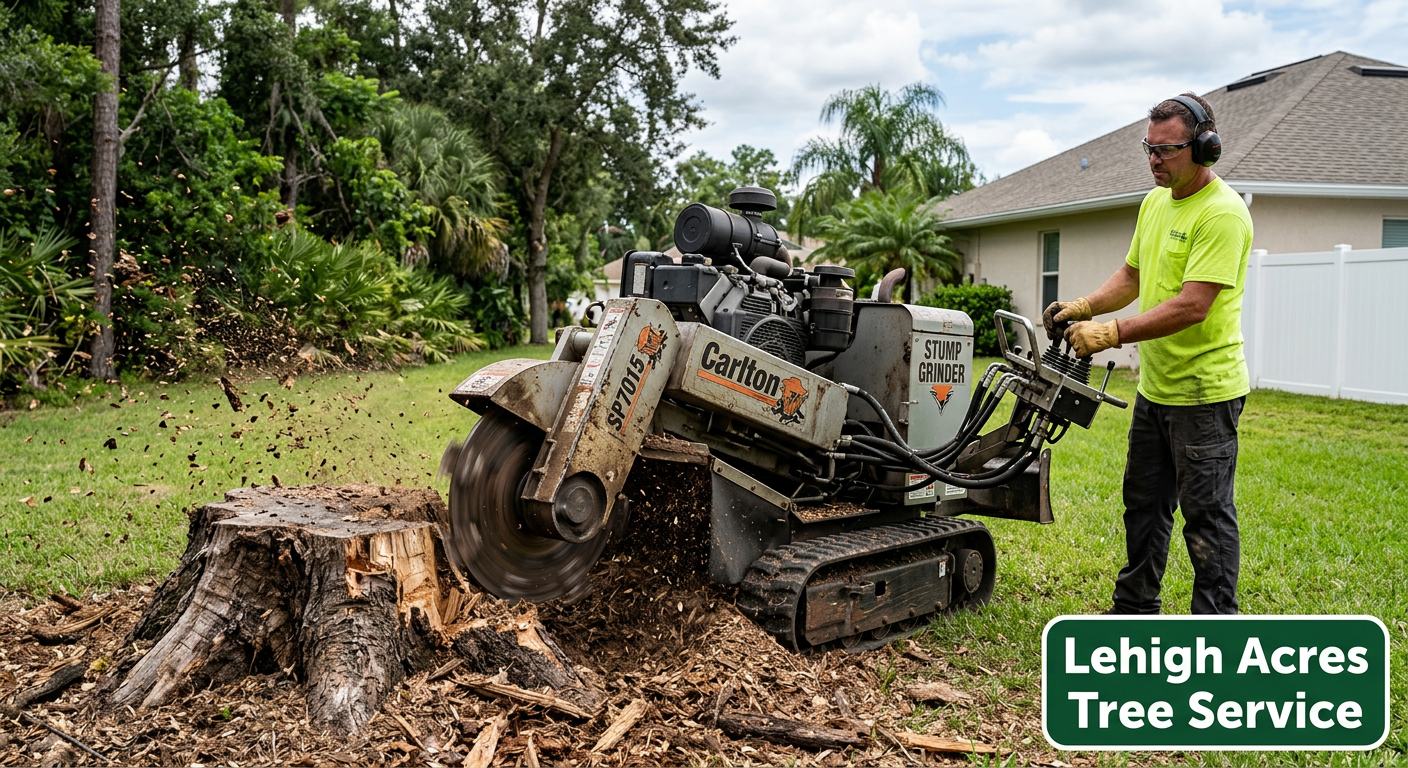 Stump grinder removing a large tree stump in a Lehigh Acres residential lawn