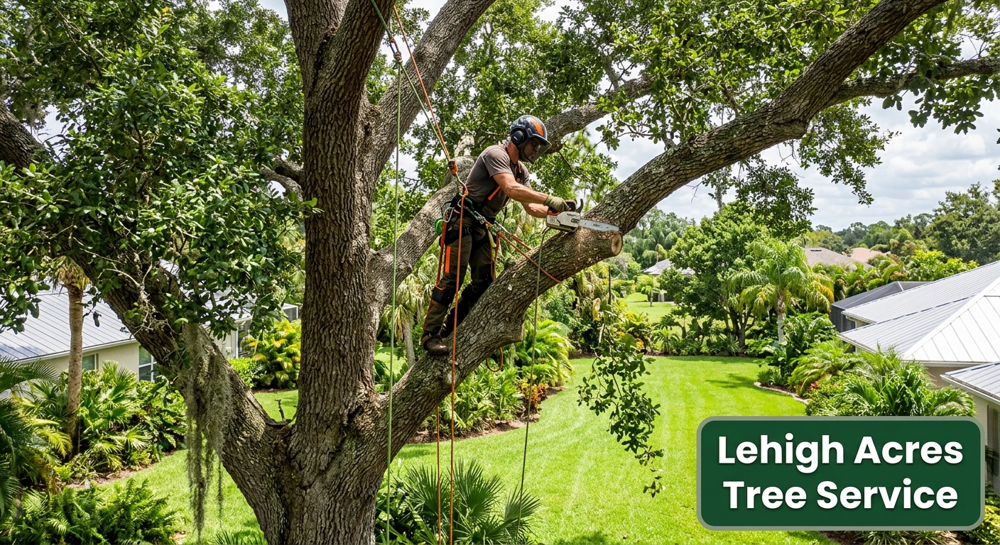 Skilled arborist making precise pruning cuts on mature hardwood branches in Lehigh Acres
