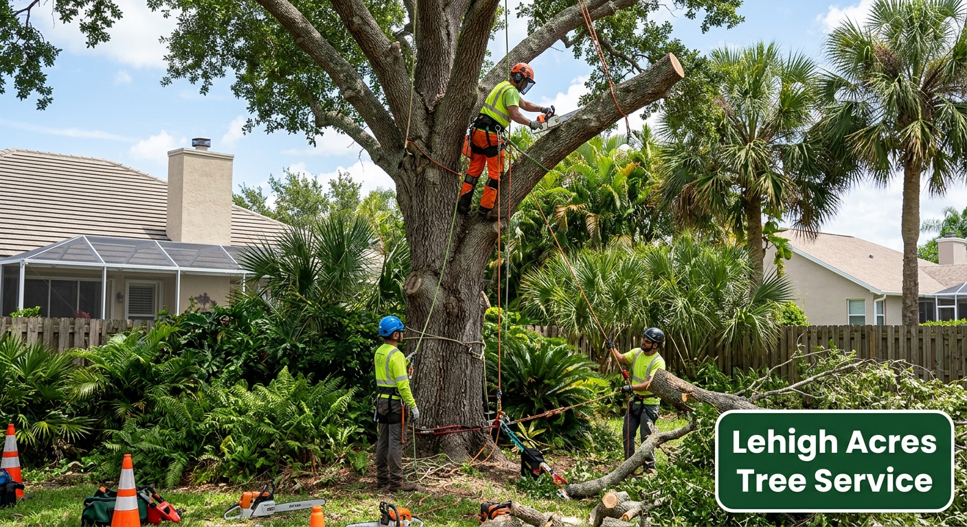 Professional tree removal crew safely taking down a large oak tree in Lehigh Acres, FL