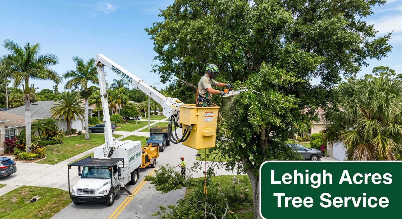 Arborist on aerial lift trimming tall trees near a Lehigh Acres home